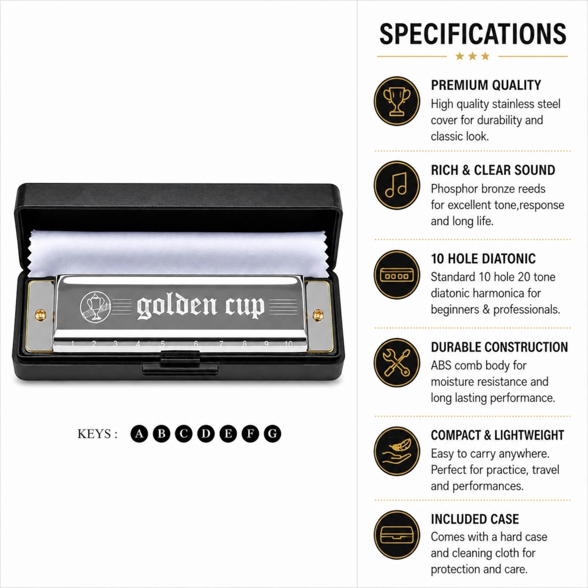 Golden Cup JH1020 10 Hole Black Case Harmonica