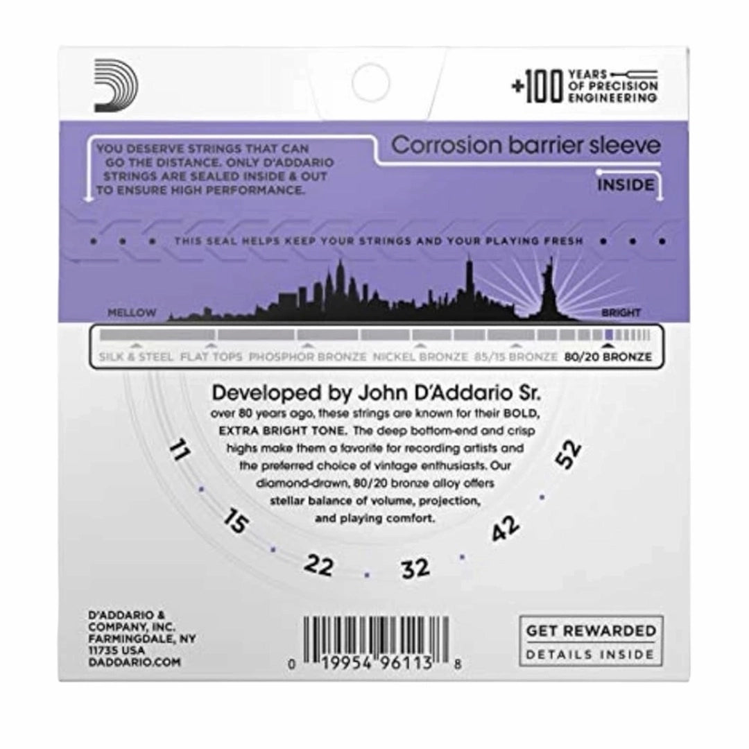 D’Addario EJ13 80/20 Bronze Custom Light Acoustic Guitar Strings - 11-52