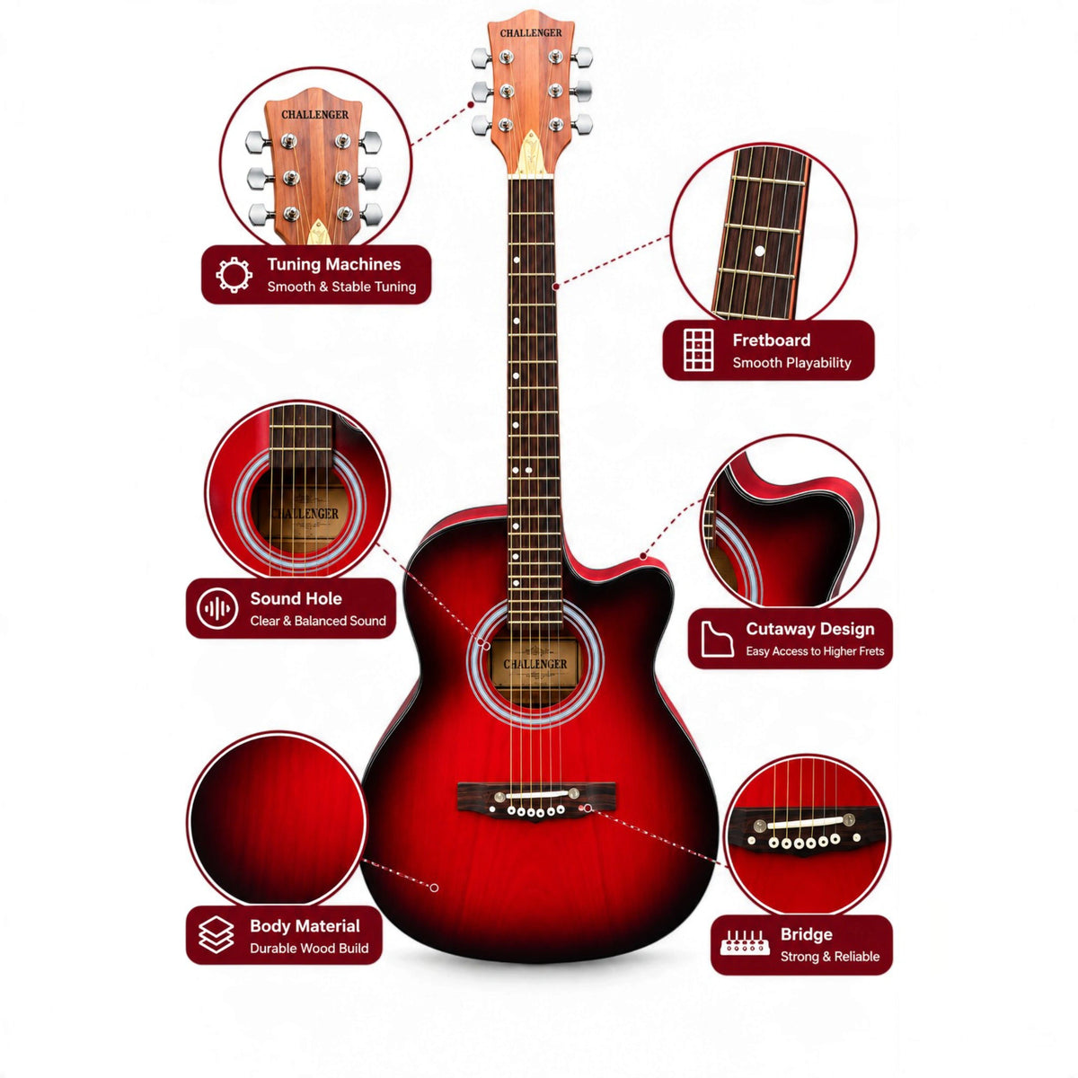 Challenger Apollo Deluxe Electro-Acoustic Guitar - Red Matte