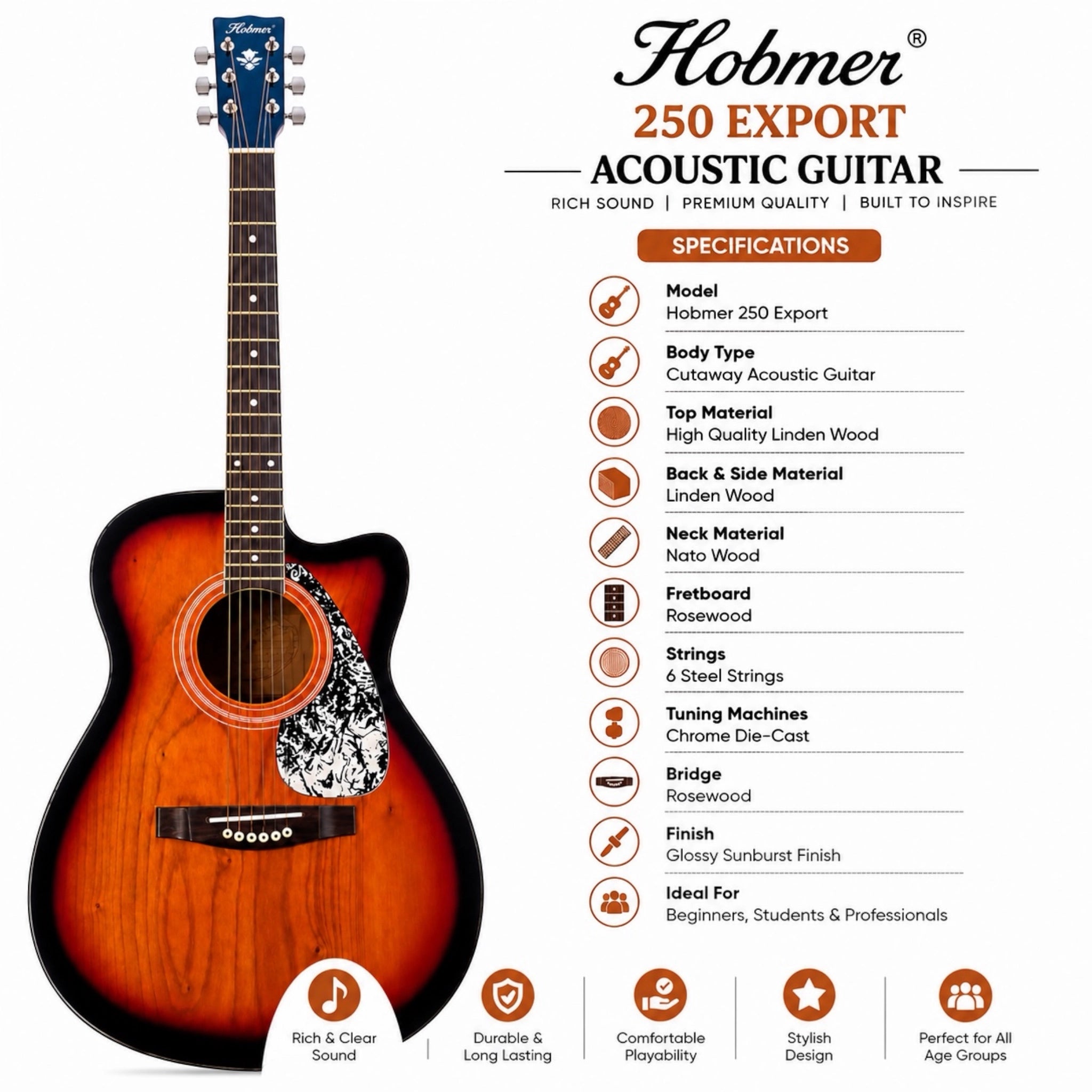 Hobmer 250-SB Export Electro-Acoustic Guitar - Sunburst