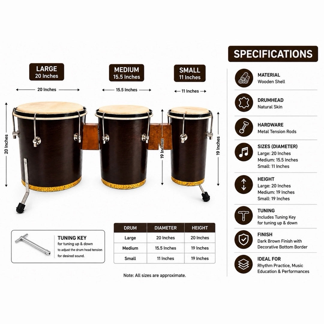 YS Wooden Triple Bongo w/ Stand - 3 Pc