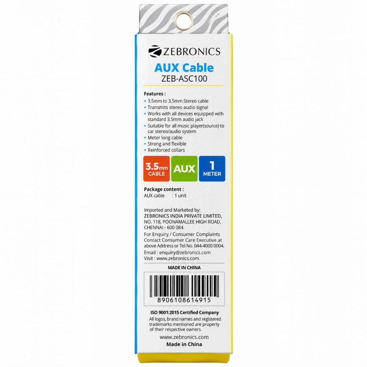Zebronics ZEB-ASC100 AUX Cable - 3.5mm TRS Male to 3.5mm TRS Male