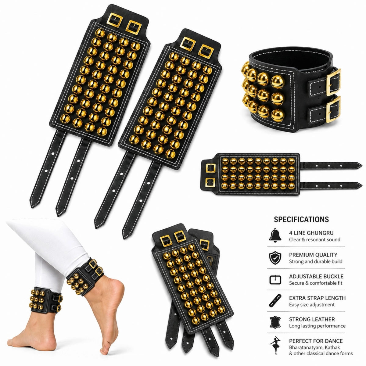 RG Leather 4-Line Ghungroo Pad - Black