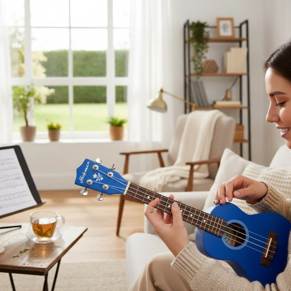 Woman playing a blue 26-inch Hobmer UKU-26-BL ukulele in a bright living room, sold by Prathmesh Music.