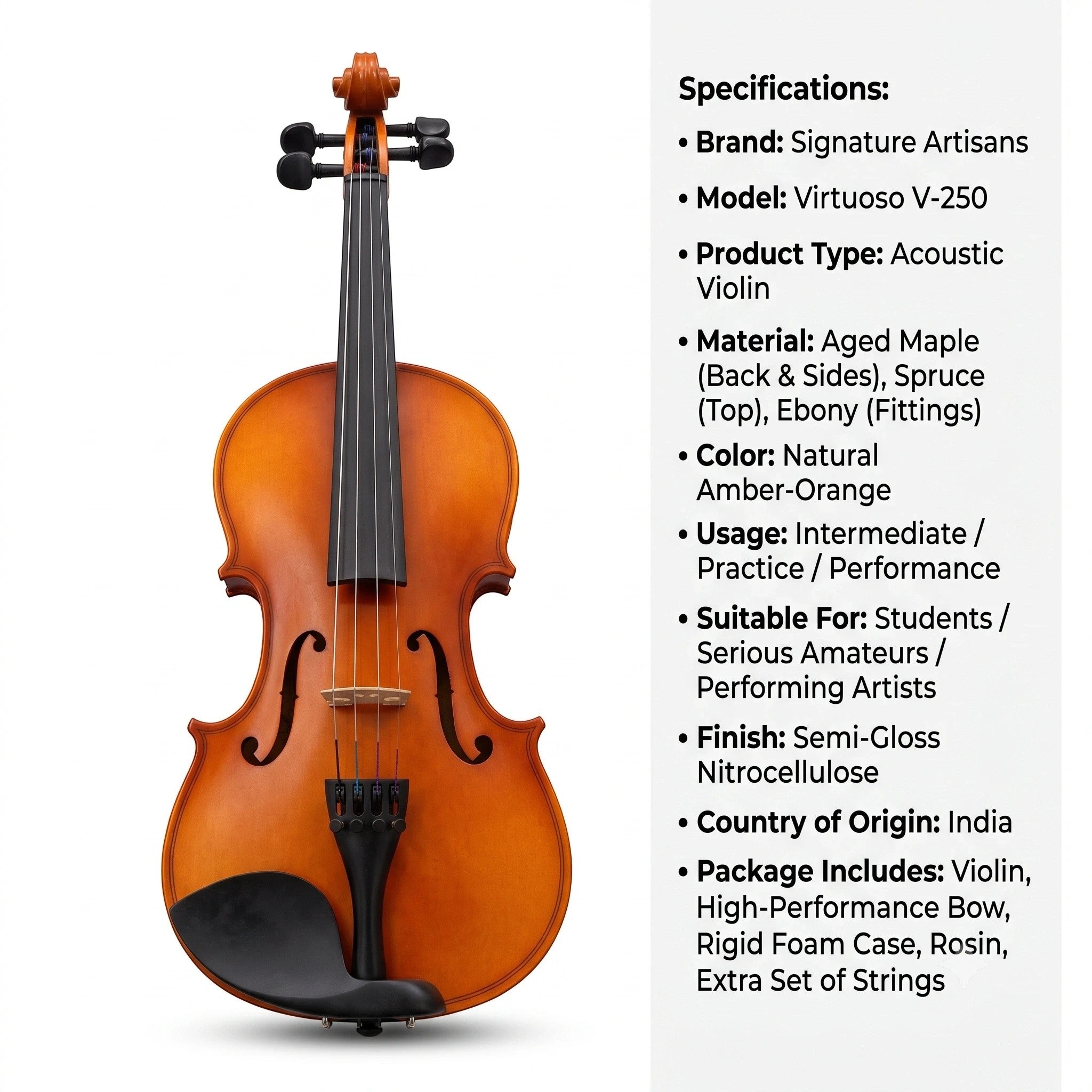 Prathmesh Music Granada Adagio 4/4 acoustic violin with natural amber-orange finish, spruce top, and ebony fittings.