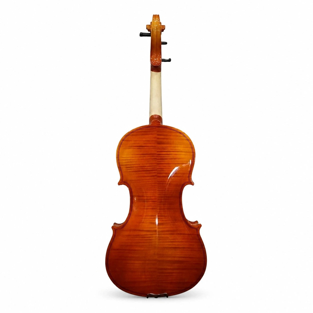 Back view of a Prathmesh Music Granada Adagio 4/4 violin with a polished amber gloss finish and wooden body.