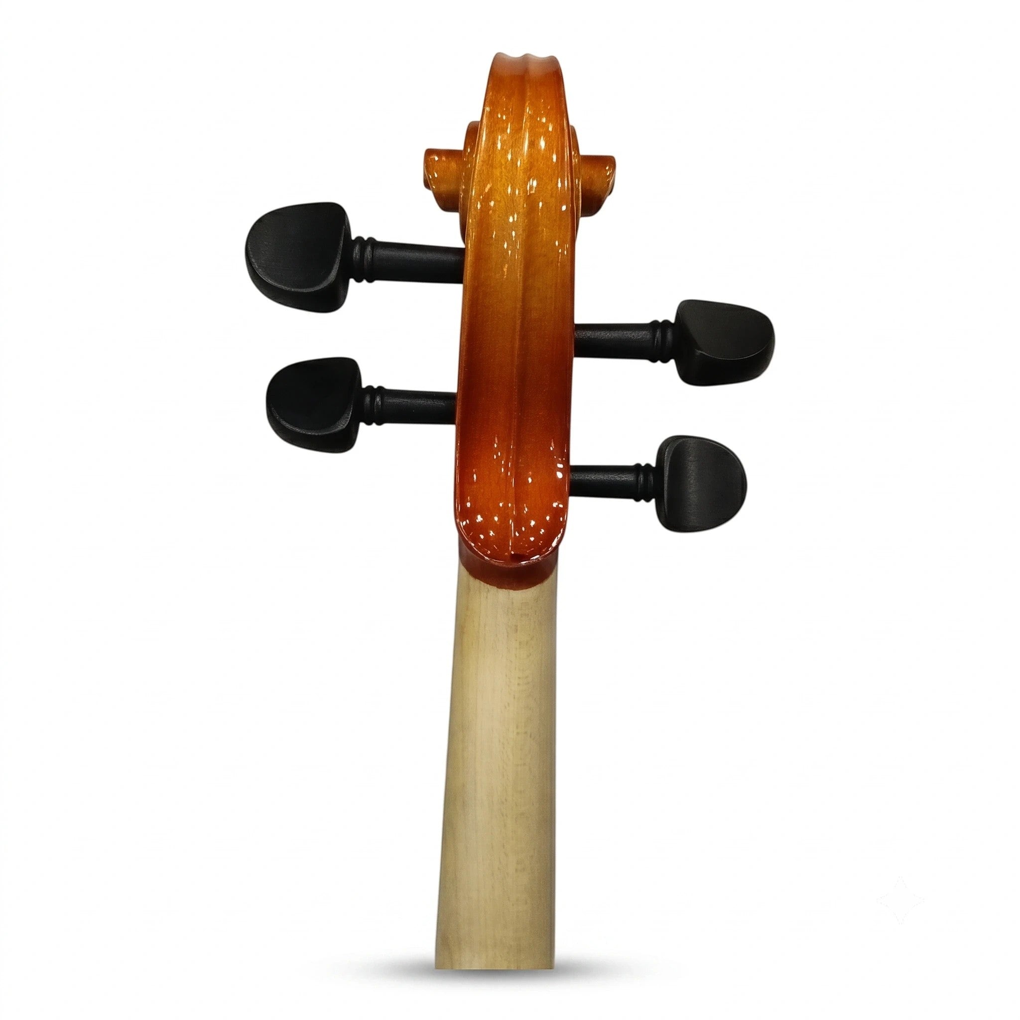 Prathmesh Music Granada Adagio 4/4 violin scroll and pegbox with black tuning pegs and smooth gloss finish