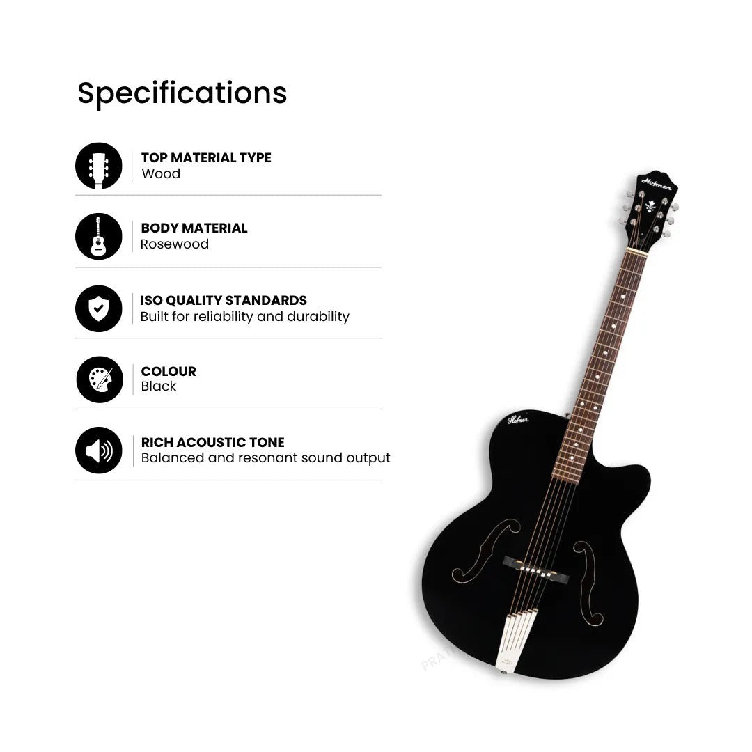 Prathmesh Music Hobmer 265-BK black electro-acoustic guitar with rosewood body and f-holes on a white background.