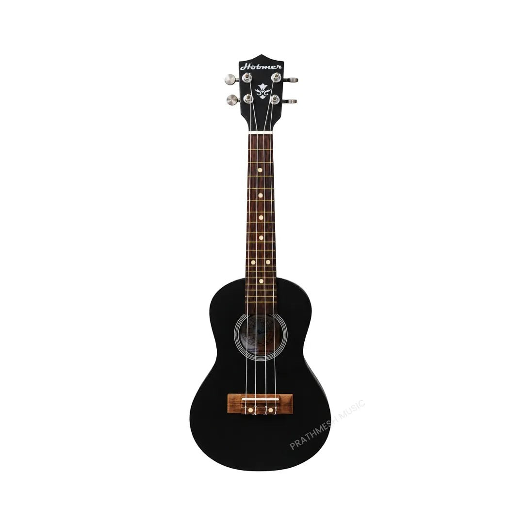 Prathmesh Music Hobmer UKU-24-BK black soprano ukulele with a sleek finish and wooden bridge for beginners.