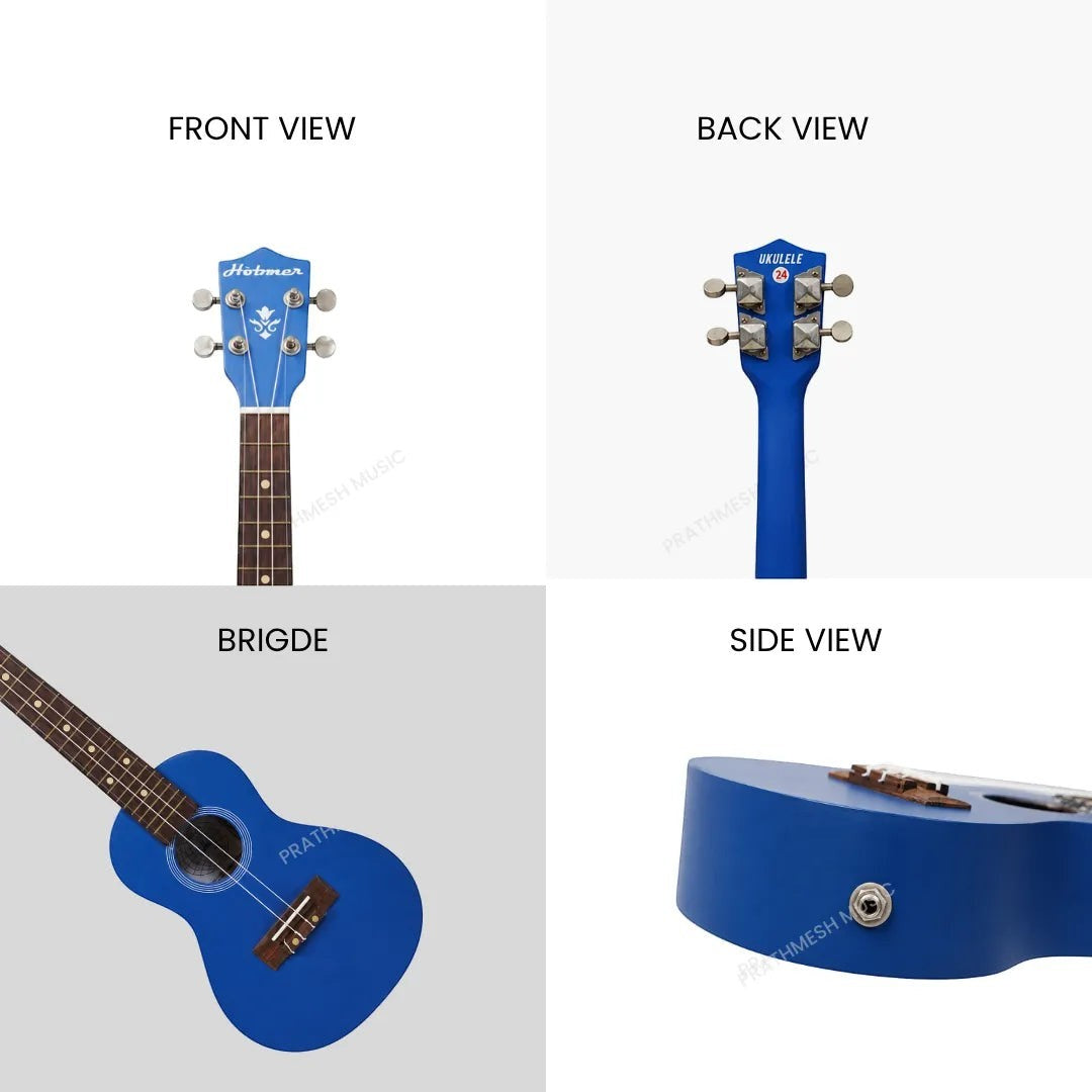 Prathmesh Music Hobmer UKU-24-BL blue ukulele showing front, back, bridge, and side views for beginners.