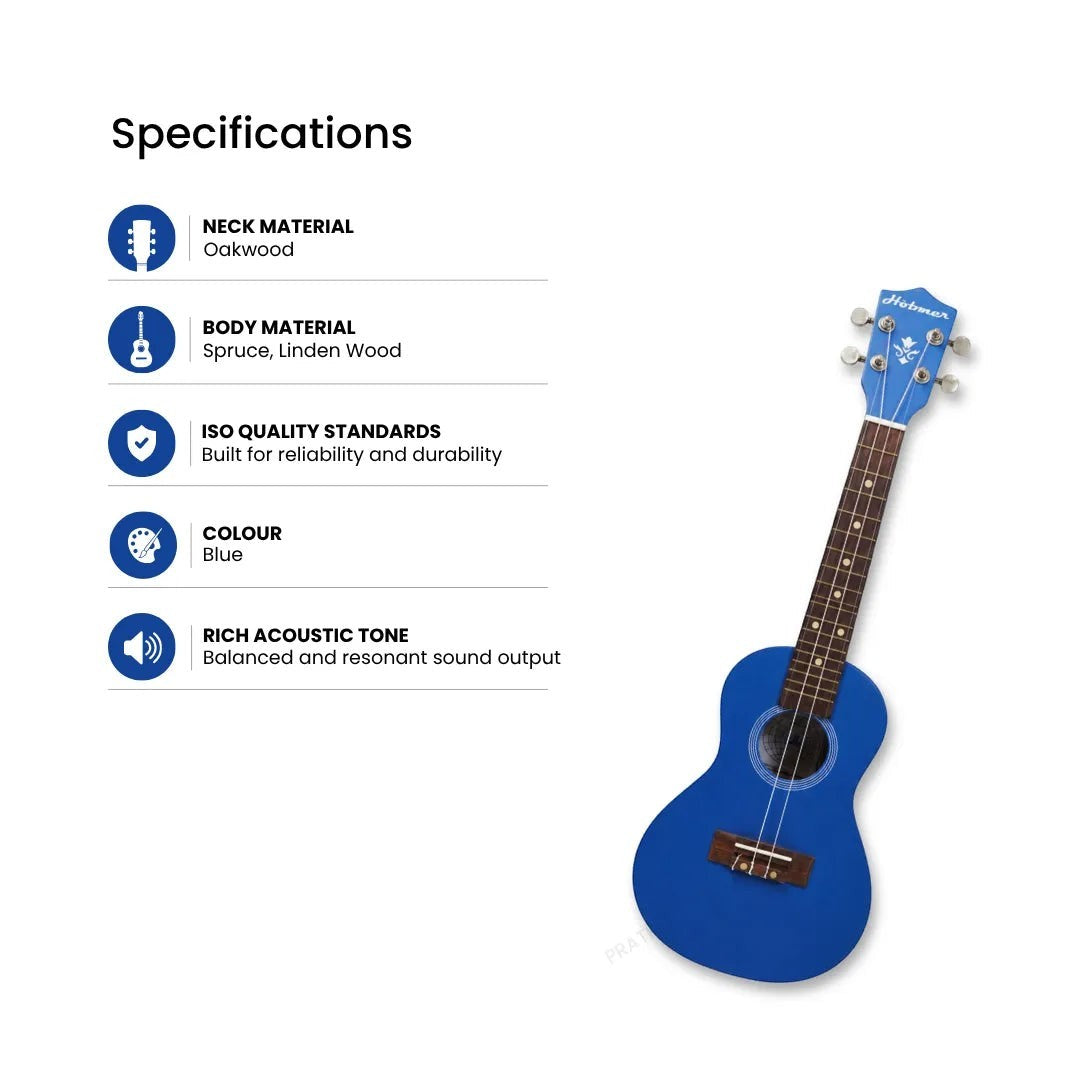 Prathmesh Music Hobmer blue soprano ukulele with spruce and linden wood body and oakwood neck for beginners.