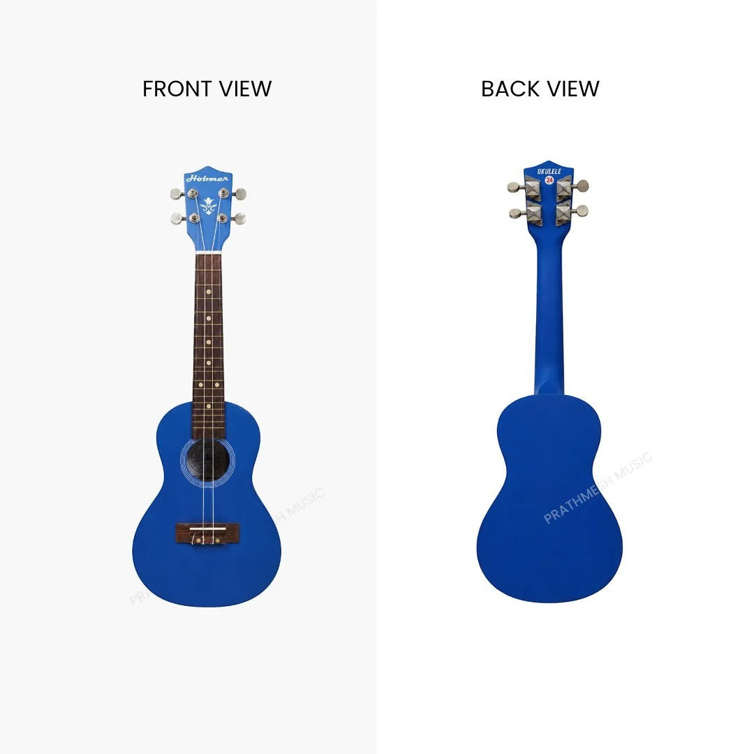 Prathmesh Music Hobmer UKU-24-BL blue soprano ukulele showing front and back views with a smooth dark fretboard.