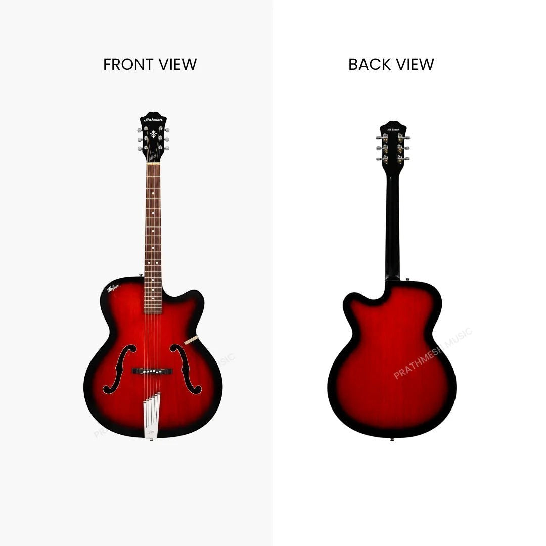 Prathmesh Music Hobmer 265-RB electro-acoustic guitar in a red and black sunburst finish, showing front and back views.