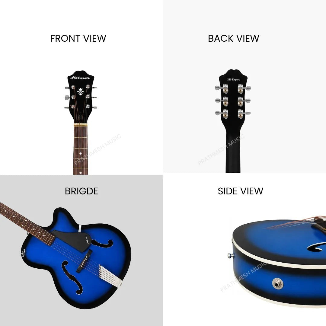 Prathmesh Music Hobmer 265-BB electro-acoustic guitar in blue black finish showing front, back, bridge, and side views.