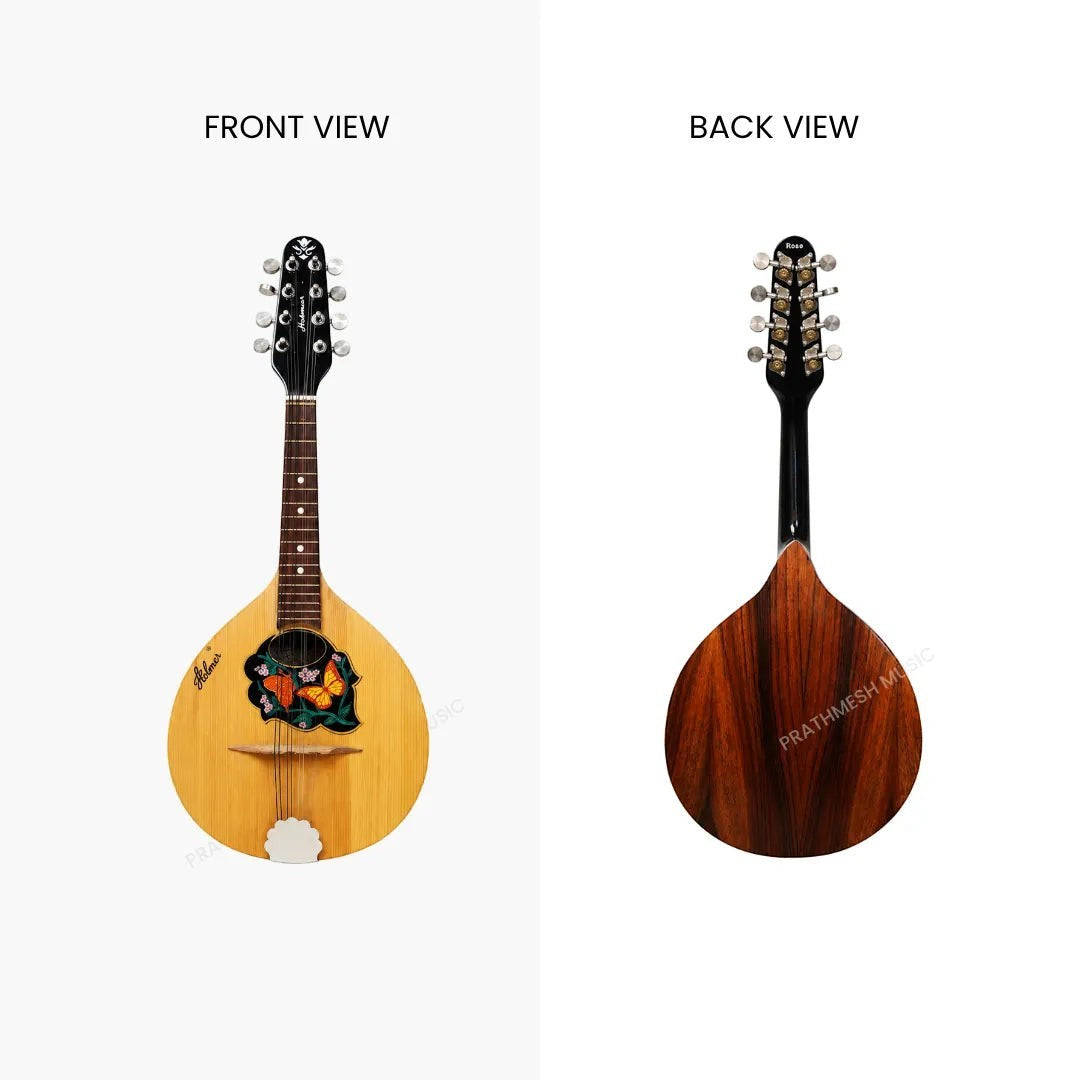 Prathmesh Music Hobmer folk mandolin in natural wood finish, showing front with butterfly inlay and back view.