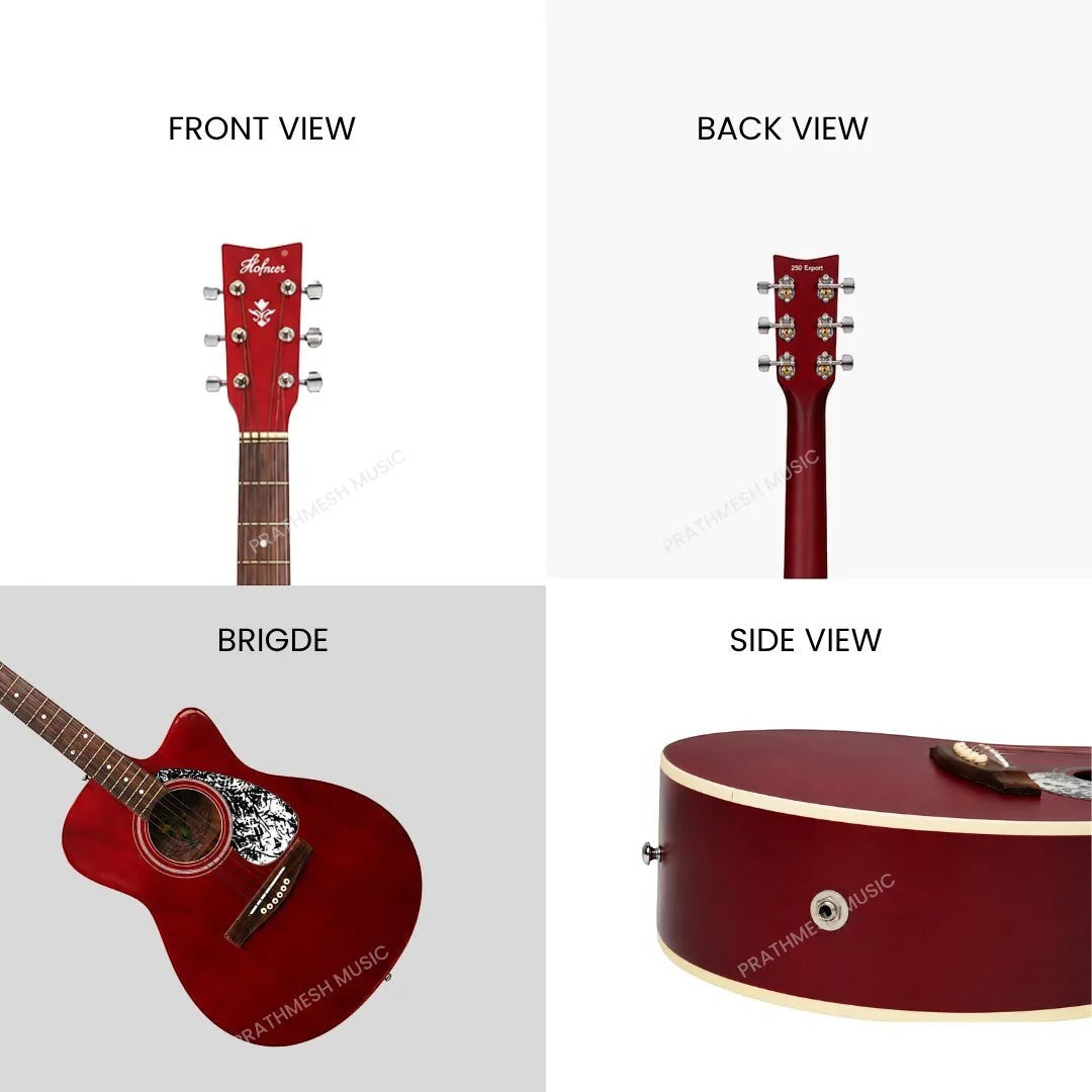 Prathmesh Music Hobmer 250-WR electro-acoustic guitar in wine red with detailed headstock, bridge, and side views.