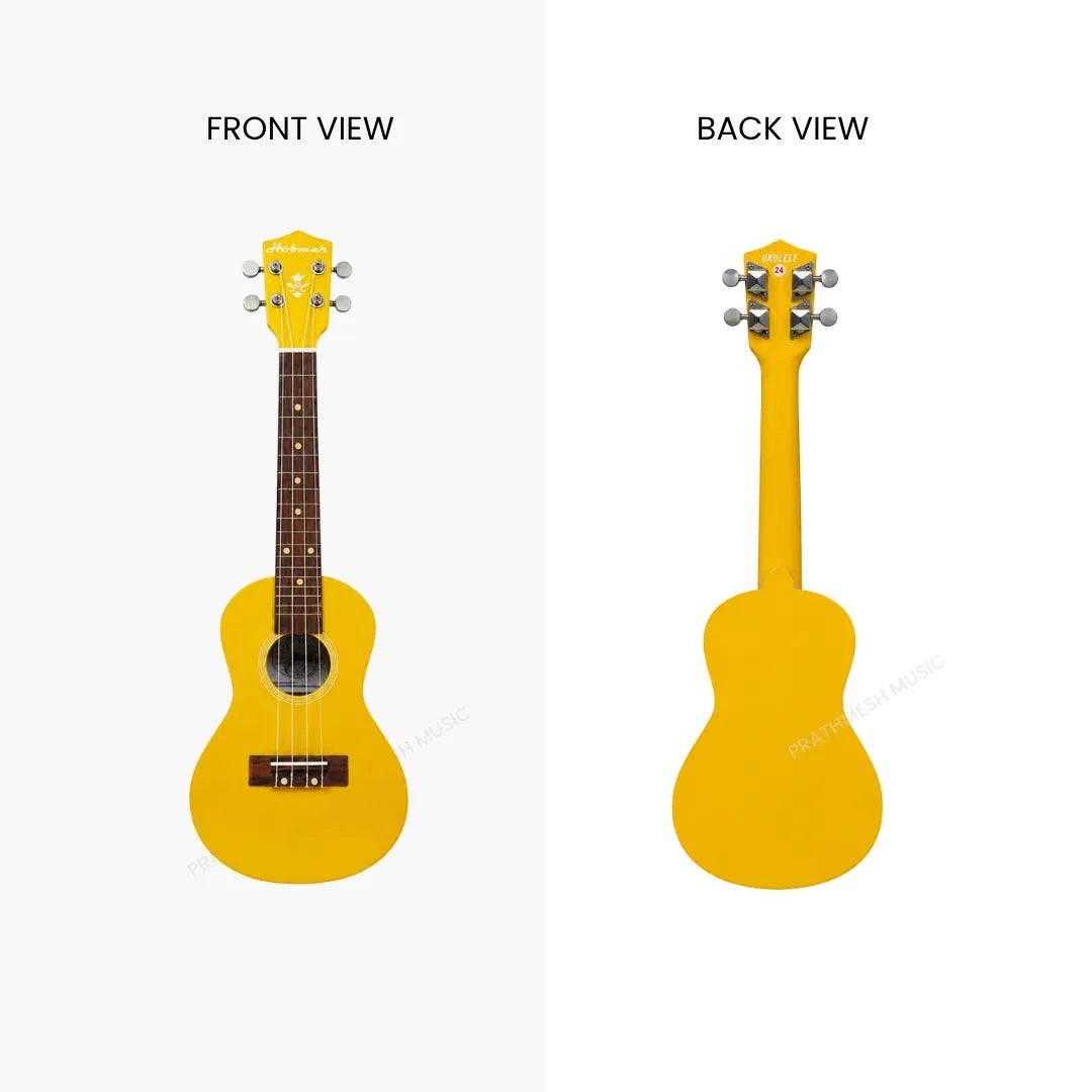 Prathmesh Music Hobmer UKU-24-YL yellow ukulele showing front and back views for beginners