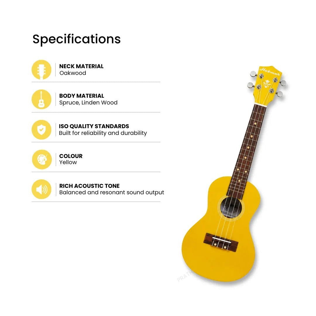 Prathmesh Music Hobmer yellow ukulele with spruce and linden wood body and oakwood neck for beginner musicians