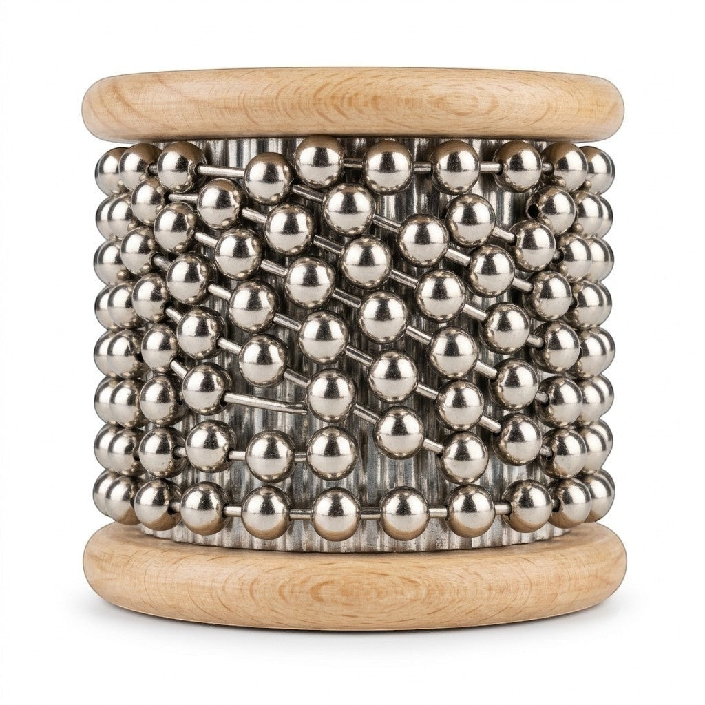 Prathmesh Music KL small cabasa percussion instrument with metal beads and wooden handle for rhythmic sound effects.