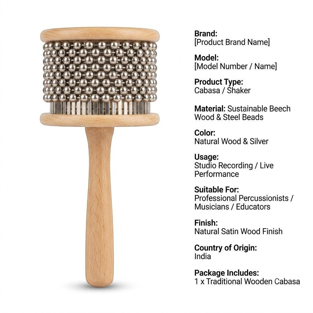 Prathmesh Music KL small cabasa with natural beech wood handle and silver steel beads for rhythmic percussion