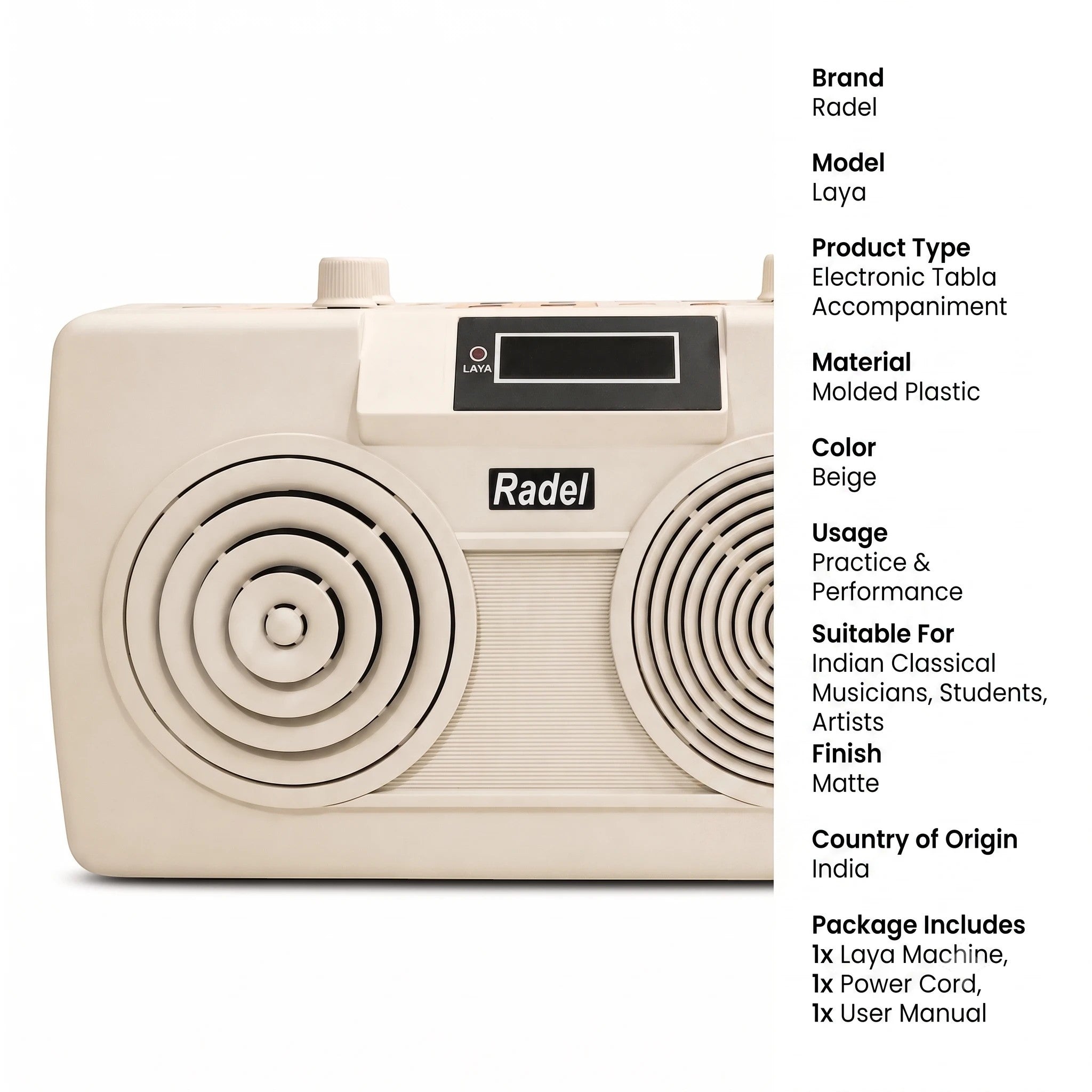 Prathmesh Music Radel Milan Plus digital tabla and tanpura accompaniment instrument in a matte beige plastic finish.