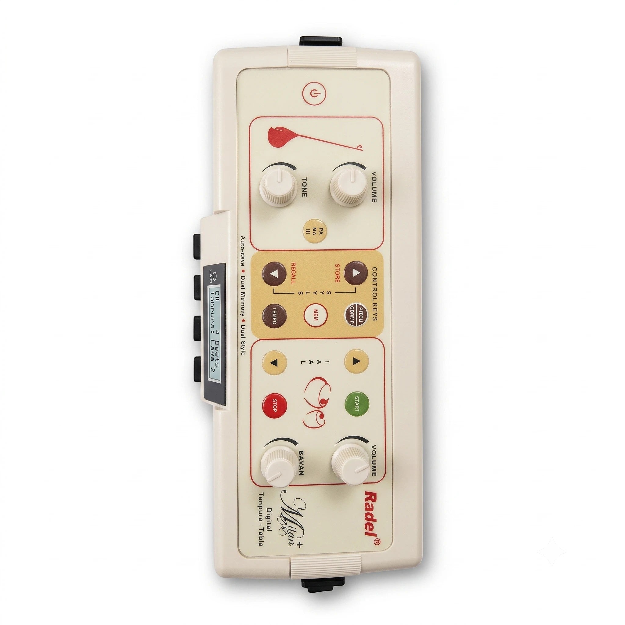 Prathmesh Music Radel Milan Plus digital tabla and tanpura accompaniment instrument with LCD display and control knobs.