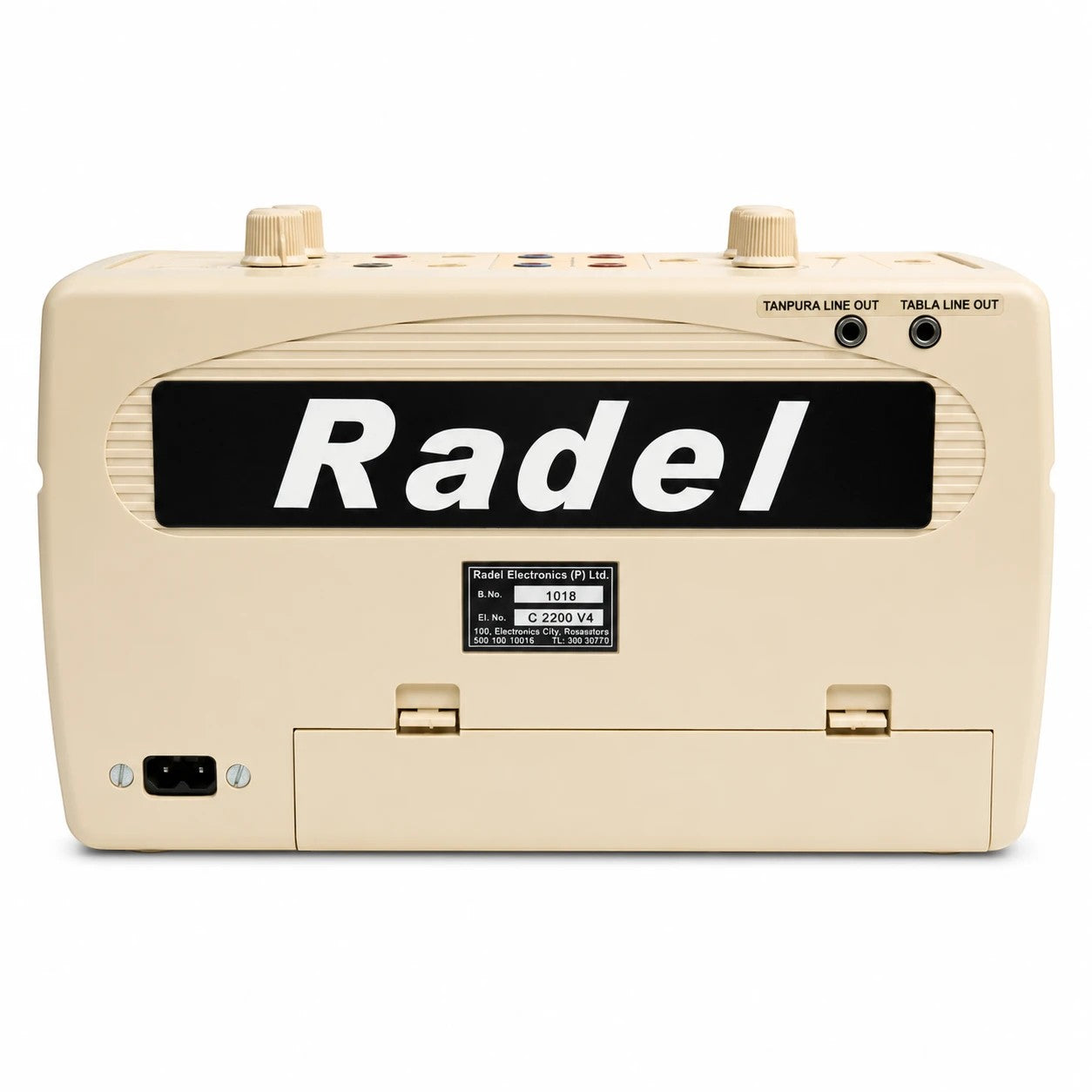 Prathmesh Music Radel Milan Plus digital tabla tanpura rear view showing output ports and battery compartment.