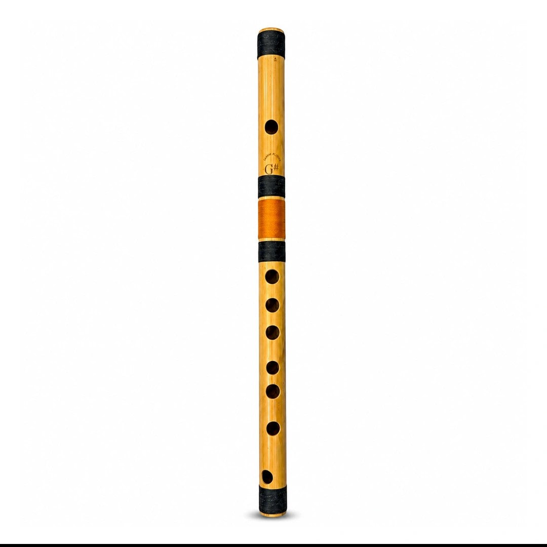 Prathmesh Music Radhe bamboo side-blown G# Mid bansuri flute with natural finish and black binding threads.