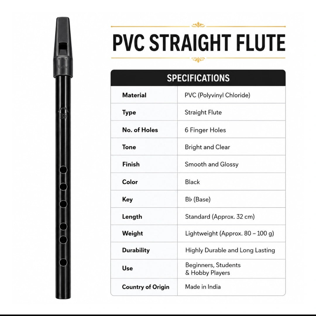 Prathmesh Music Radhe straight black PVC fiber flute with six finger holes and a smooth glossy finish