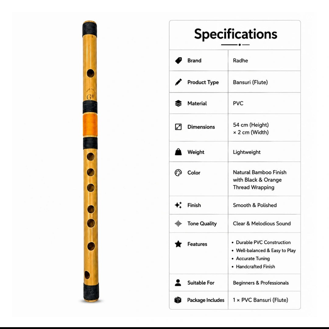 Prathmesh Music Radhe G# Mid bansuri flute with natural bamboo finish and black and orange thread binding.
