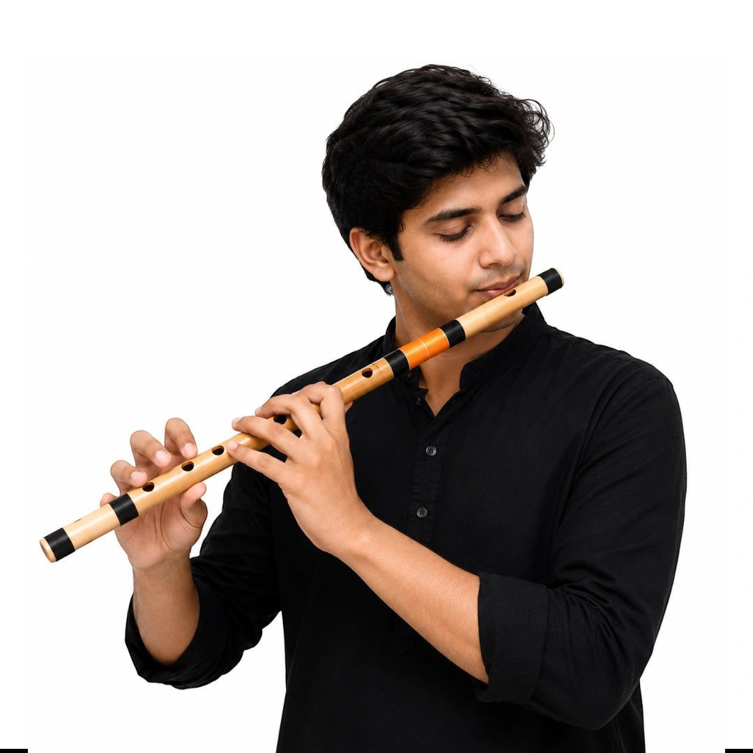 A young man in a black shirt playing a Radhe PVC side-blown F# Middle bansuri flute from Prathmesh Music.