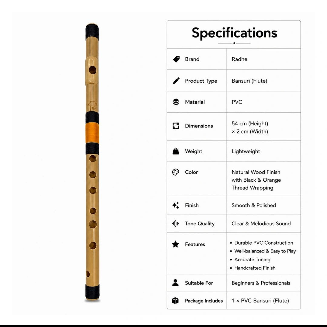 Prathmesh Music Radhe PVC F# Middle bansuri flute with natural wood finish and black and orange thread wrapping.