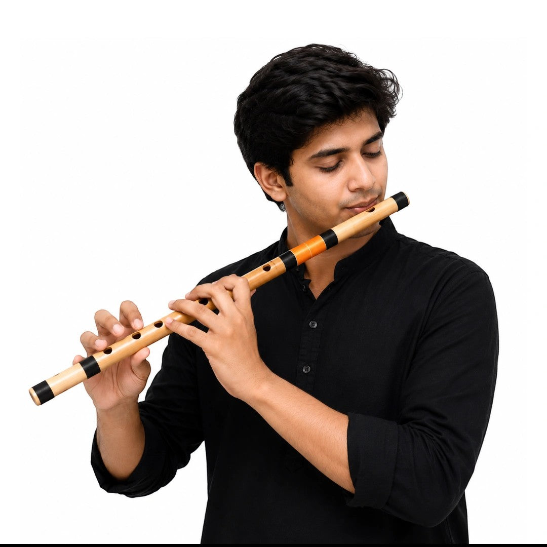 Musician playing a Radhe PVC Side F Middle Flute from Prathmesh Music, featuring a bamboo-look finish.