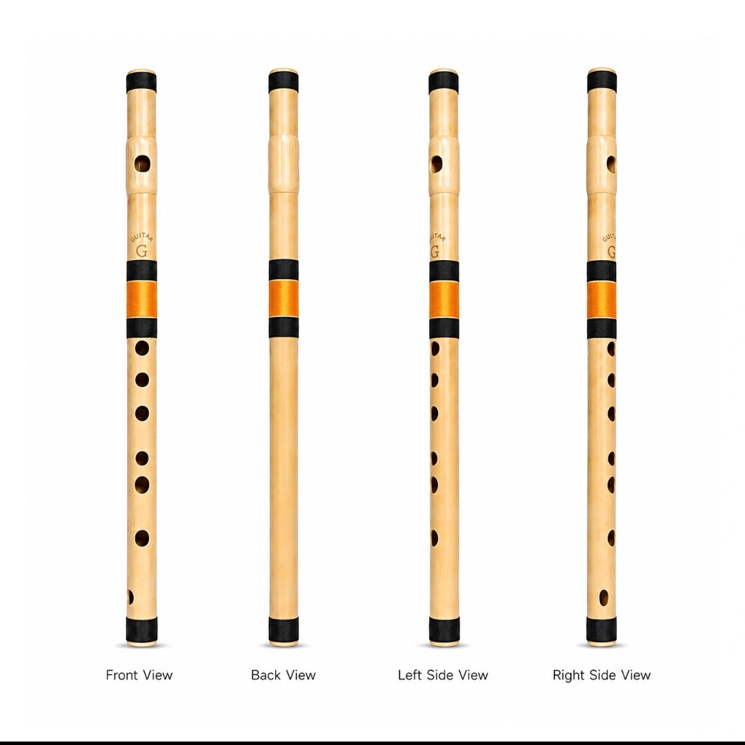 Prathmesh Music Radhe PVC G Middle side-blown flute showing front, back, and side views for beginner musicians.