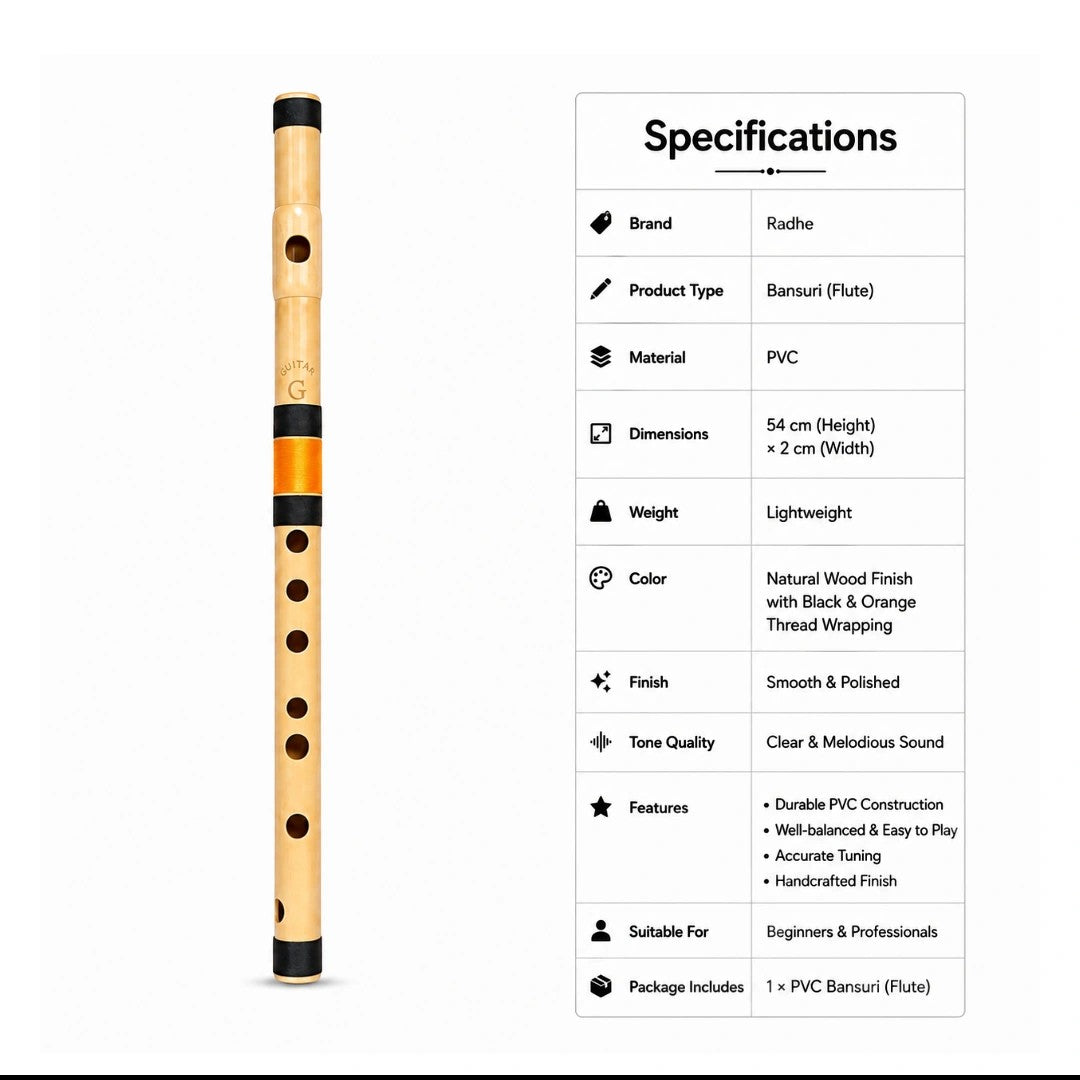 Prathmesh Music Radhe PVC G Middle bansuri flute with natural wood finish and black and orange thread detailing.