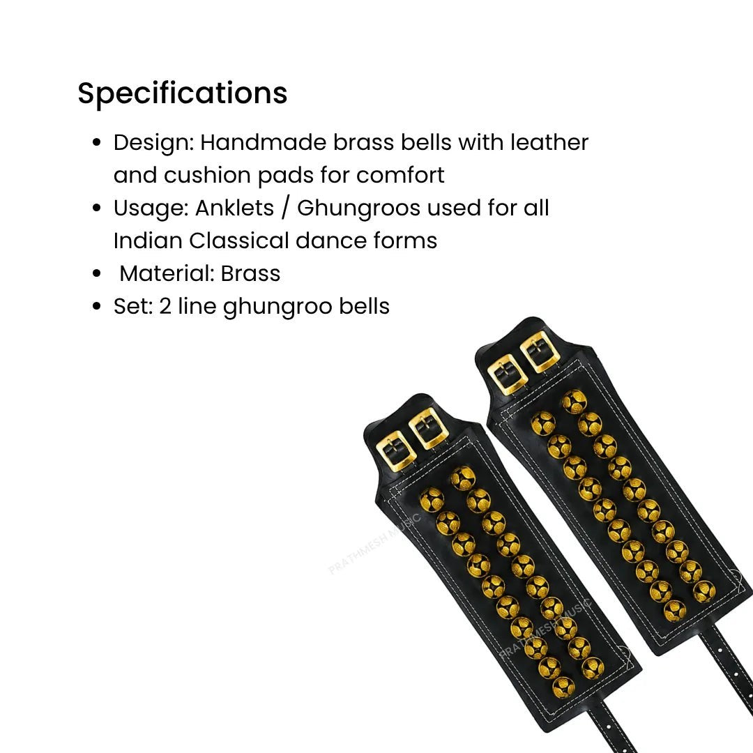 Prathmesh Music RG 2-line black leather ghungroo with brass bells for Indian classical dance performances.