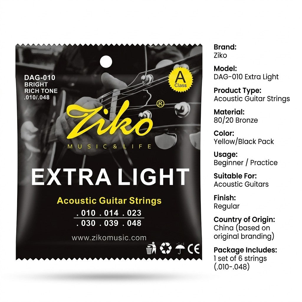 Prathmesh Music Ziko DAG-010 extra light acoustic guitar strings in black and yellow packaging