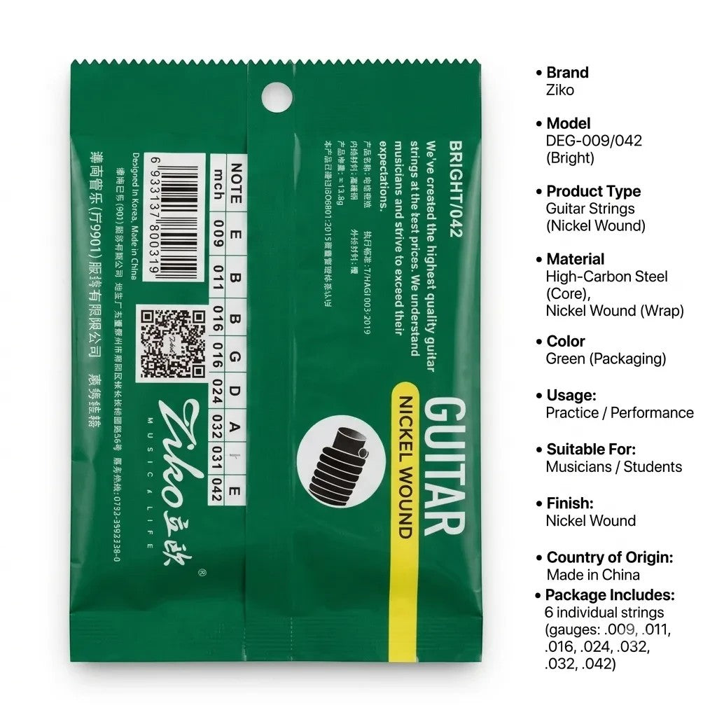 Prathmesh Music Ziko DEG-009 extra light nickel wound electric guitar strings in green packaging