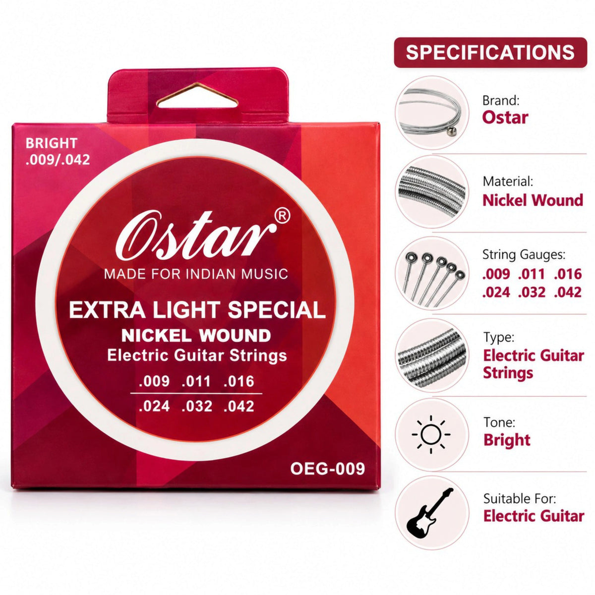 O Star OEG-009 Bright Extra Light Special Nickel Wound .009 Gauge Electric Guitar Strings
