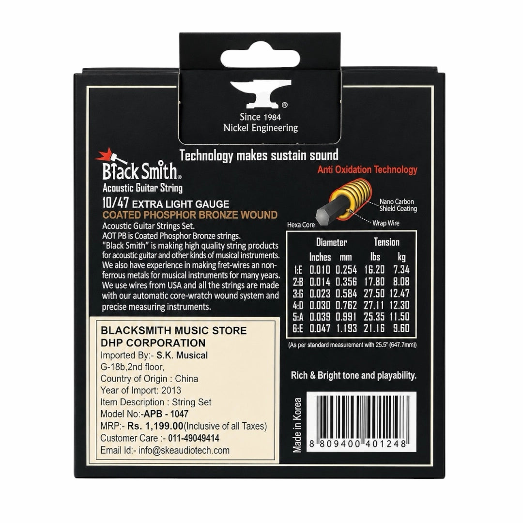 Black Smith AOT PB-1047 Coated Phosphor Bronze Acoustic Strings - 10-47