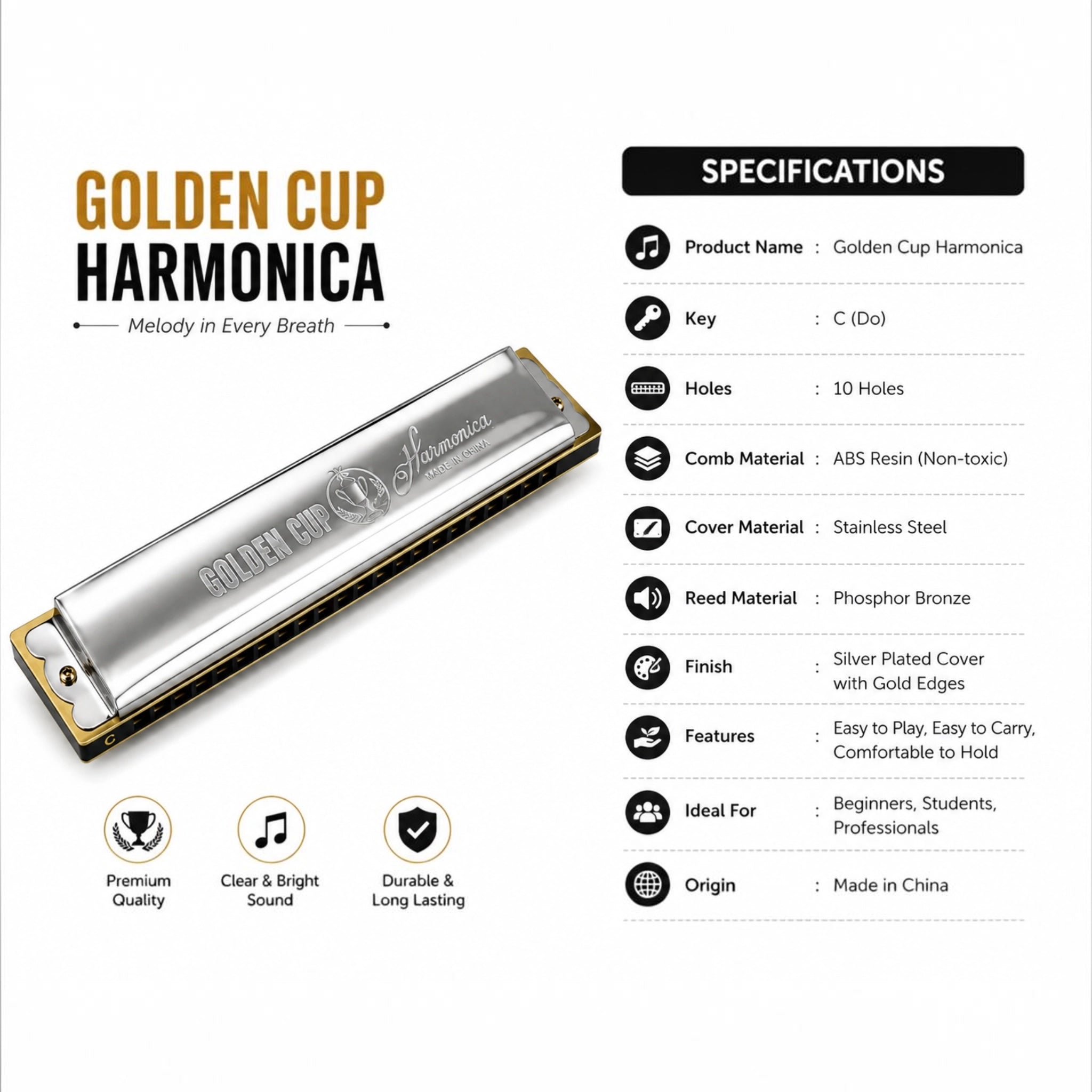 Golden Cup 24 Hole C Scale Chromatic Black Hard Case Harmonica