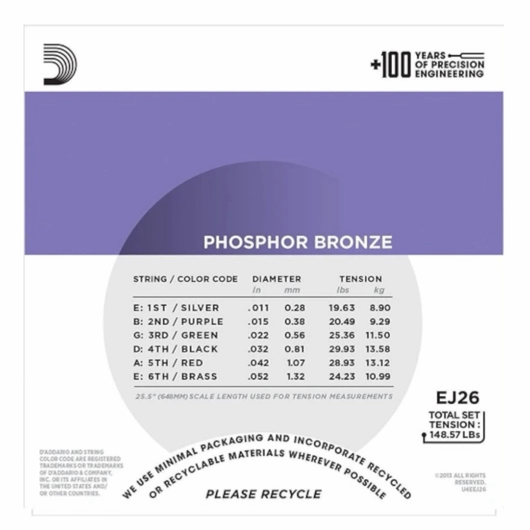 D’Addario EJ26 Phosphor Bronze Custom Light Acoustic Guitar Strings - 11-52