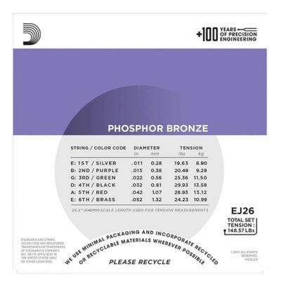 D’Addario EJ26 Phosphor Bronze Custom Light Acoustic Guitar Strings - 11-52