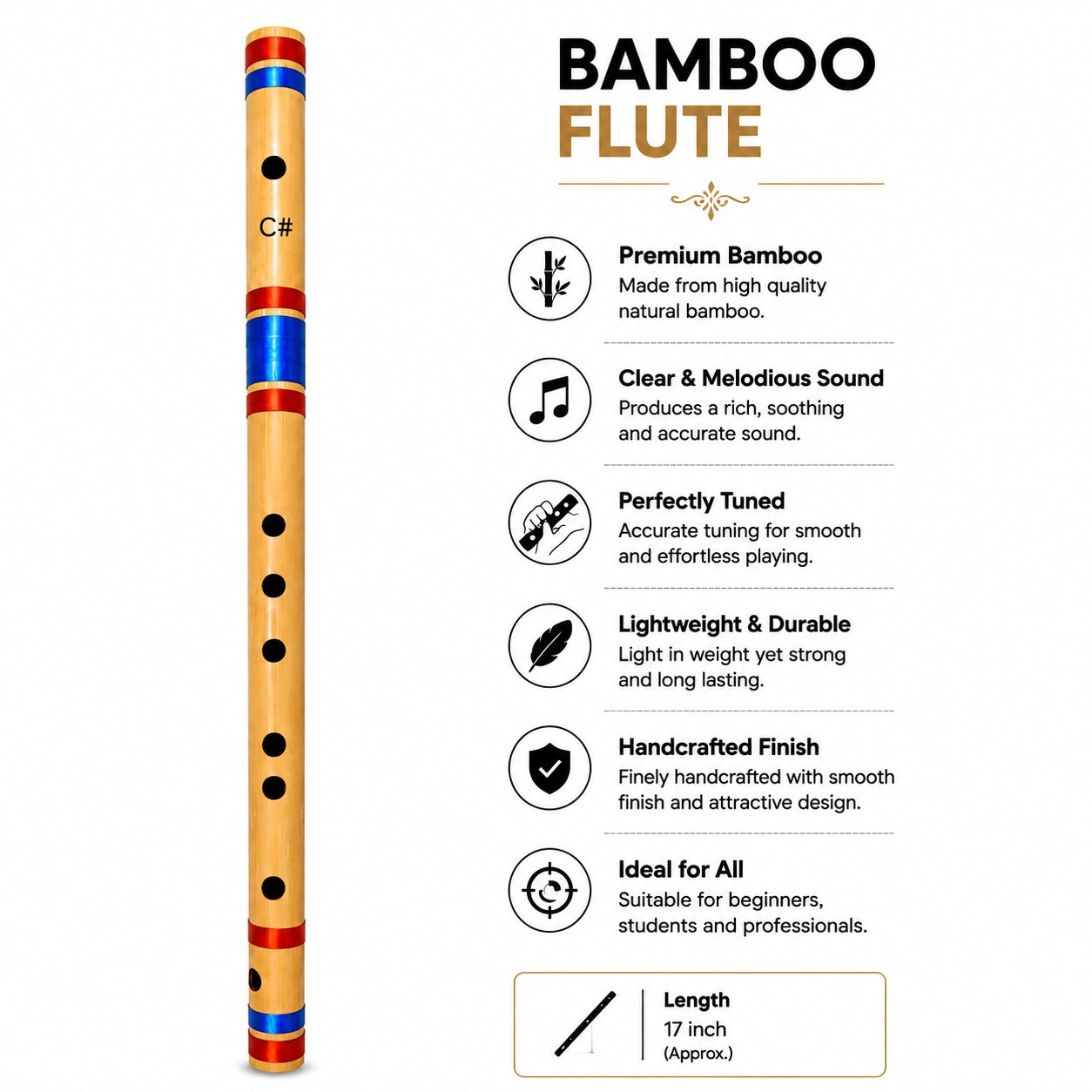 Aditya C# Mid Bamboo Flute - 18 Inch