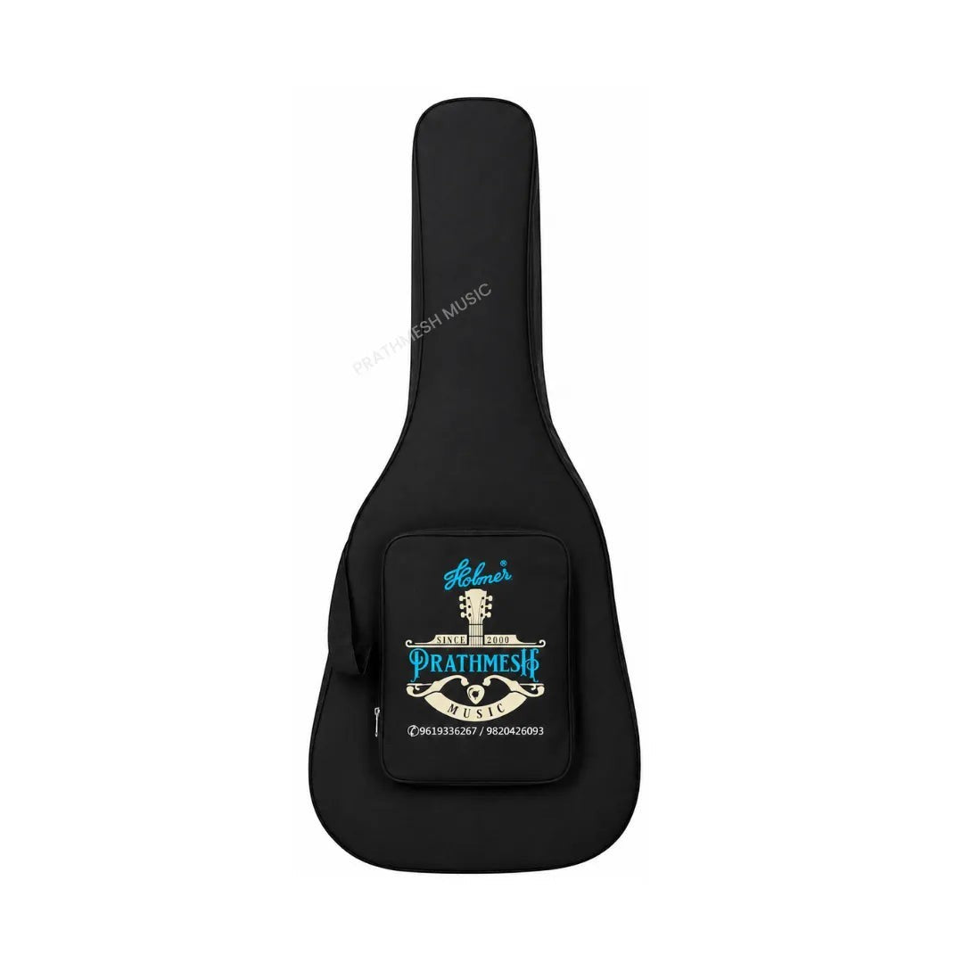 Prathmesh Music black acoustic guitar gig bag with protective padding and front accessory pocket for musicians.