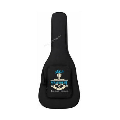 Prathmesh Music black acoustic guitar gig bag with protective padding and front accessory pocket for musicians.