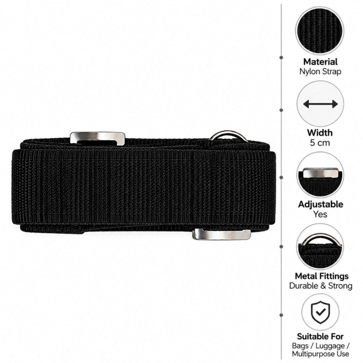 Prathmesh Music black nylon drum side belt with adjustable metal fittings and 5cm width for multipurpose use