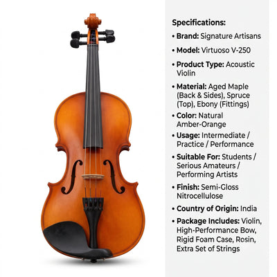 Prathmesh Music Granada Adagio 4/4 acoustic violin with natural amber-orange finish, spruce top, and ebony fittings.