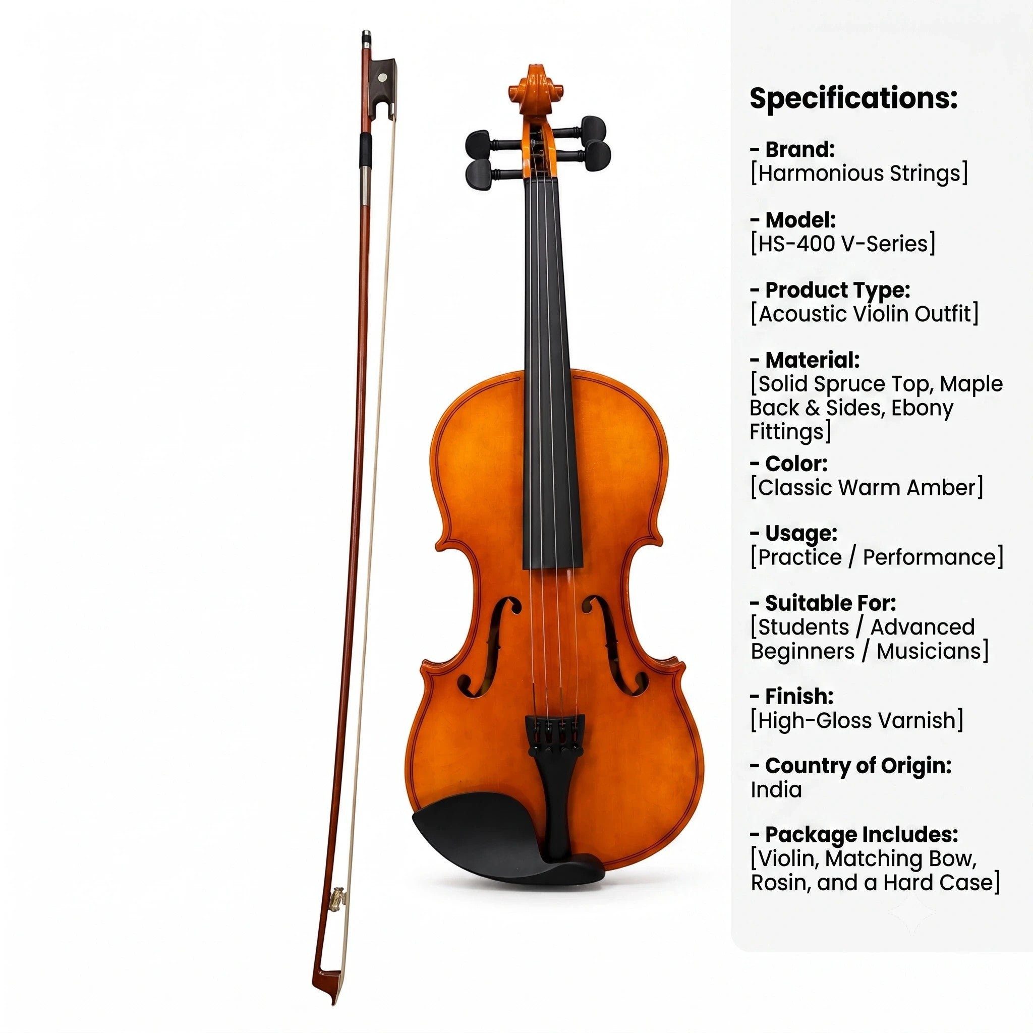 Prathmesh Music 1/2 size Granada Adagio violin outfit in warm amber gloss finish with bow and ebony fittings