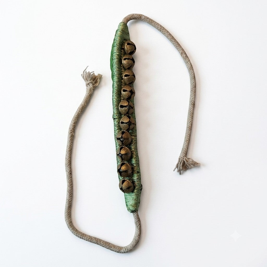 Prathmesh Music green 1-line ghungroo with metal bells on a fabric strap for Kathak dance practice
